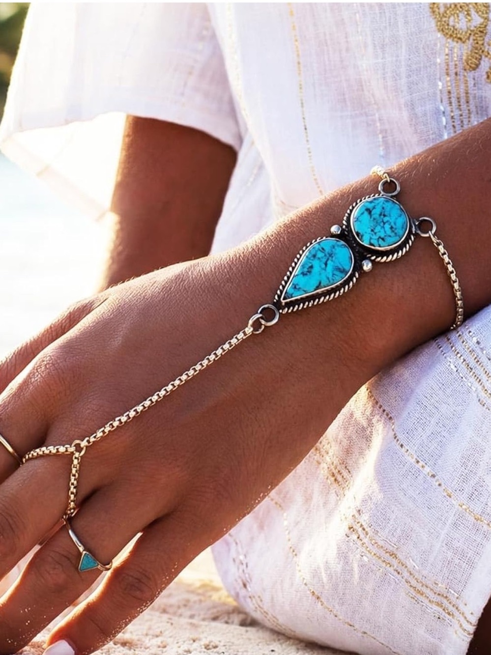 Anthropologie Turquoise and Silver color Hand Chain & Ring Set - Picture 1 of 6
